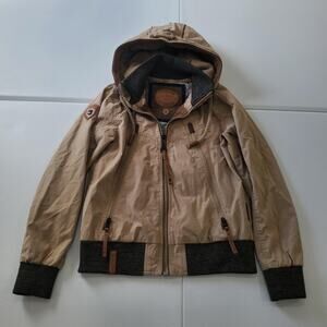 Naketano Jacket Mens Medium Beige Brown Hooded Full Zip Bomber Surviving Spirit